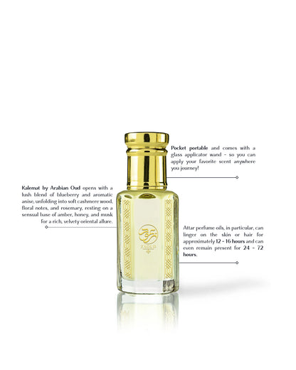 kaleema perfume oil bottle beside written fragrance informations