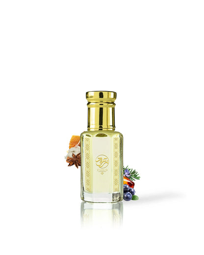 kaleema perfume oil bottle with golden cap surrounded by fragrance notes like spices and honey against white background