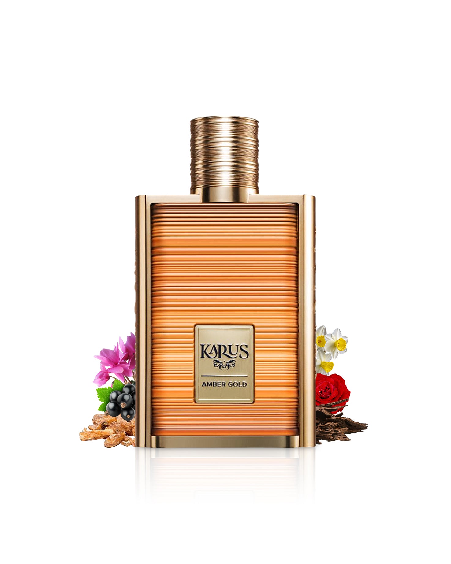 karus amber gold by khadlaj perfume bottle surrounded with its ingredients like amber and rose with many others shows from behind the bottle against white background