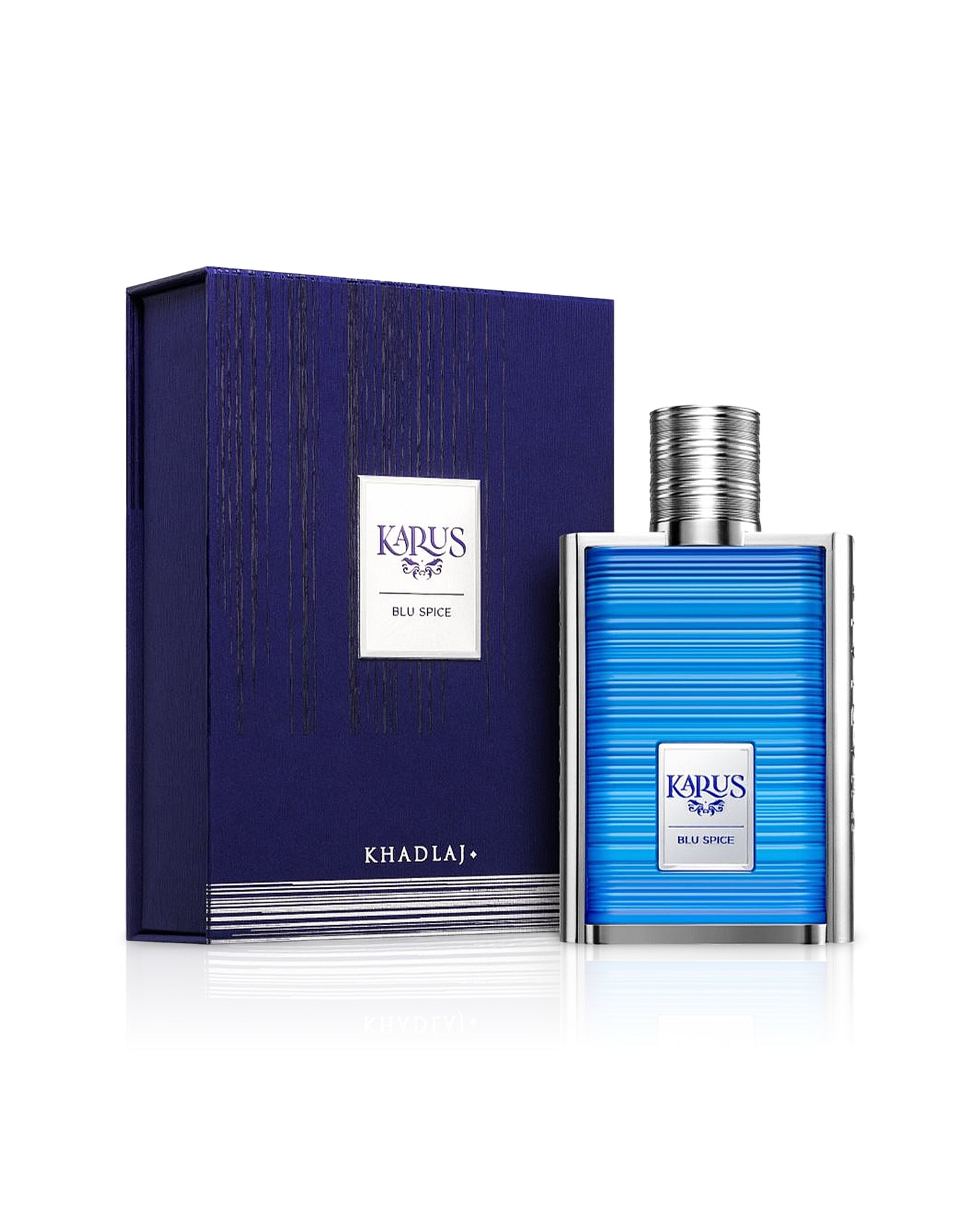 karus blu spice by khadlaj perfume bottle shows beside its box against white background