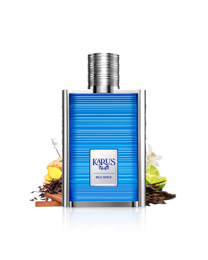 karus blu spice by khadlaj perfume bottle surrounded with its ingredients like oud, citrus and ginger with many others shows from behind the bottle against white background