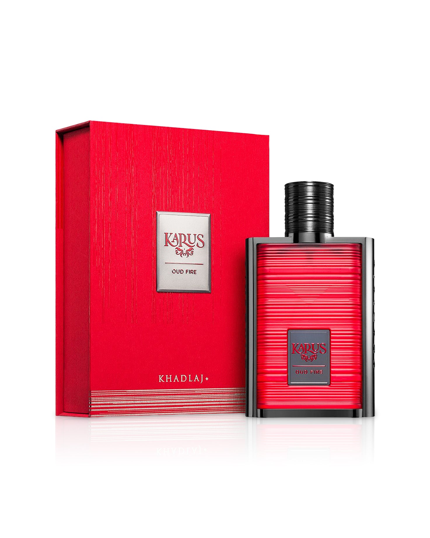 karus oud fire by khadlaj perfume bottle shows beside its box against white background