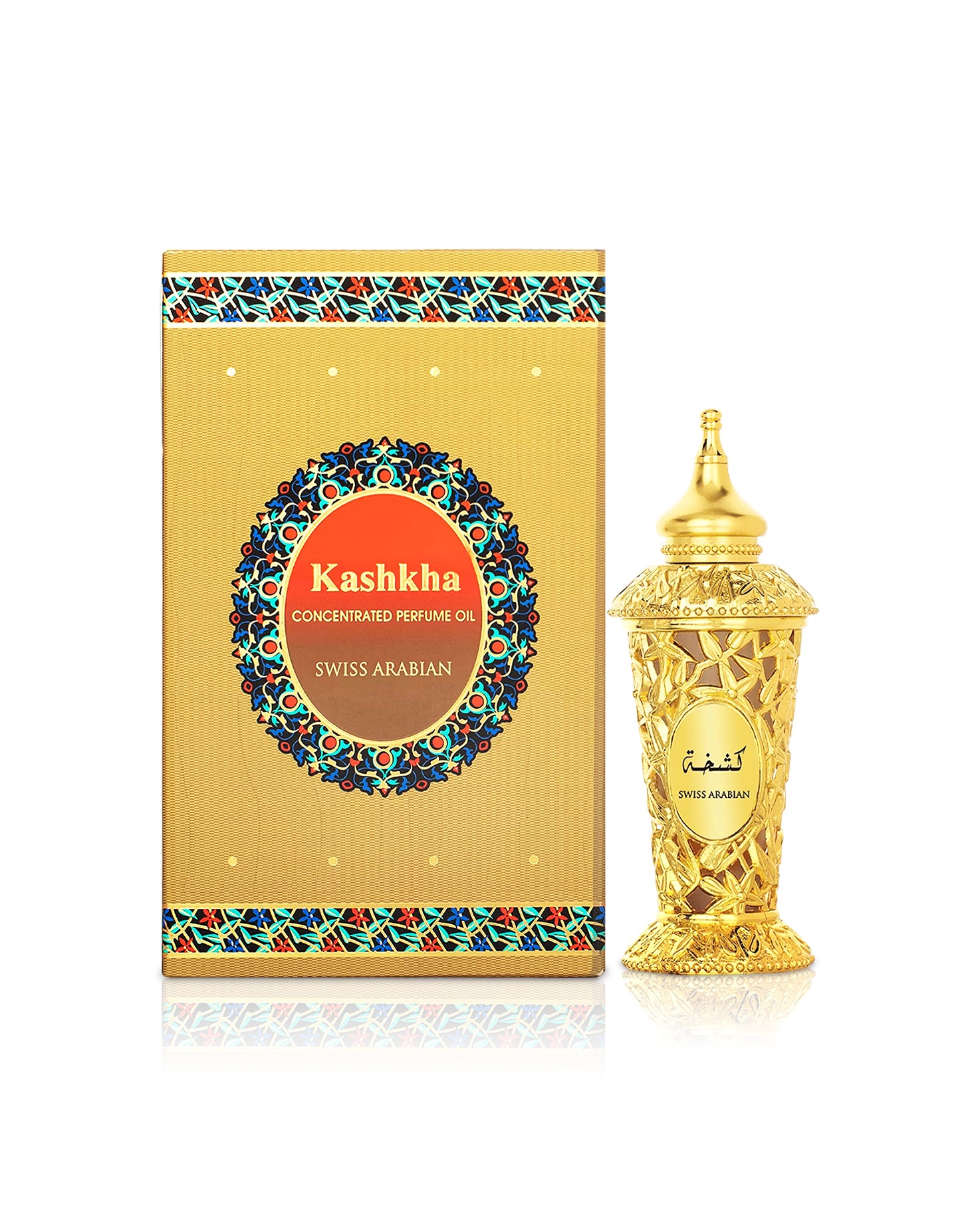 swiss arabian kashkha perfume oil bottle shows beside its box  against white background