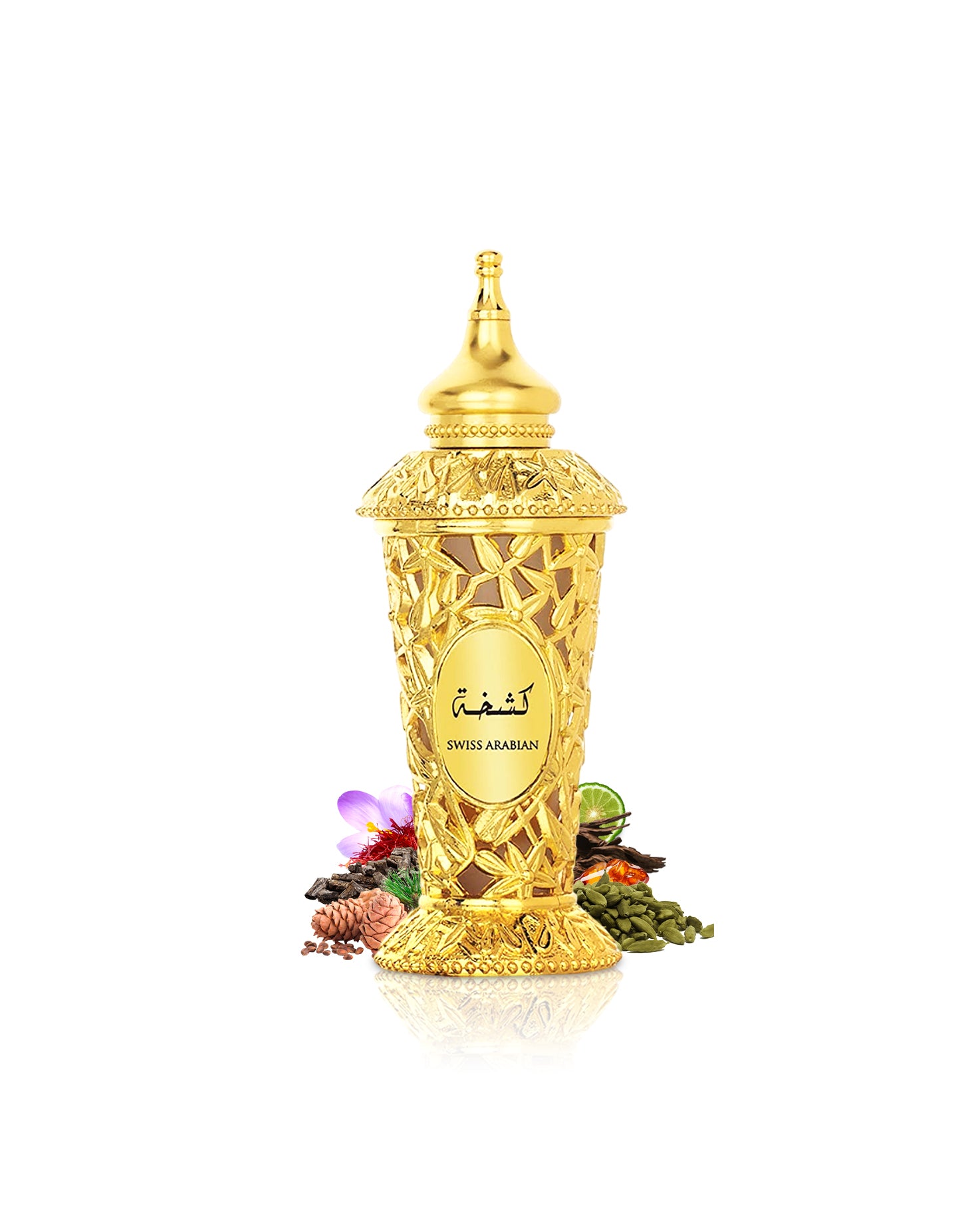 swiss arabian kashkha perfume oil bottle surrounded with fragrance notes like saffron and cardamom shows from behind the bottle against white background