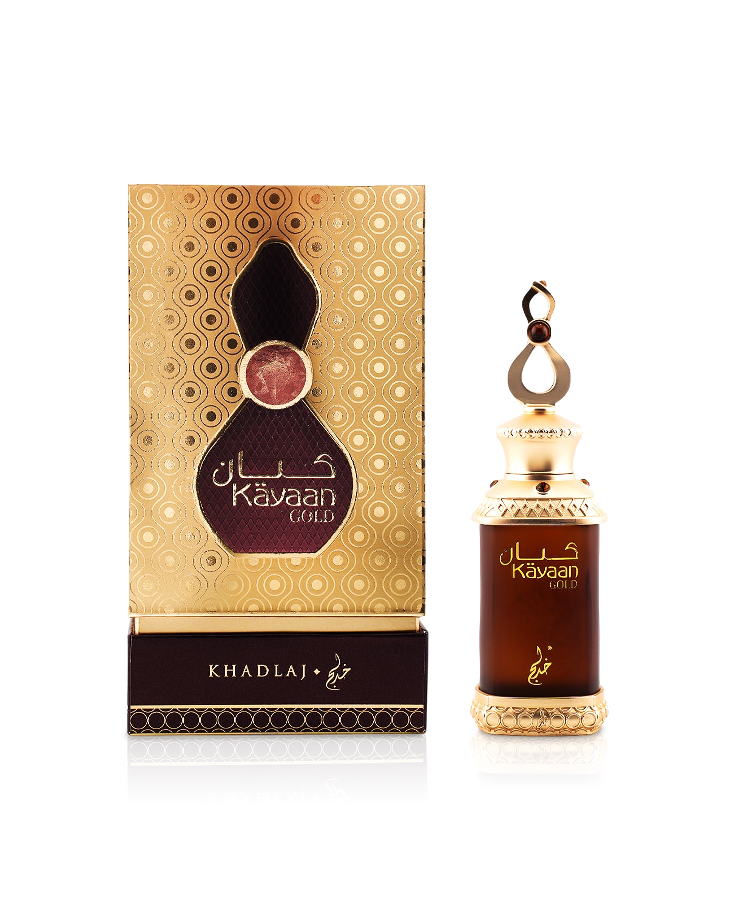 kayaan gold perfume oil by khadlaj perfume bottle shows beside its box against white background