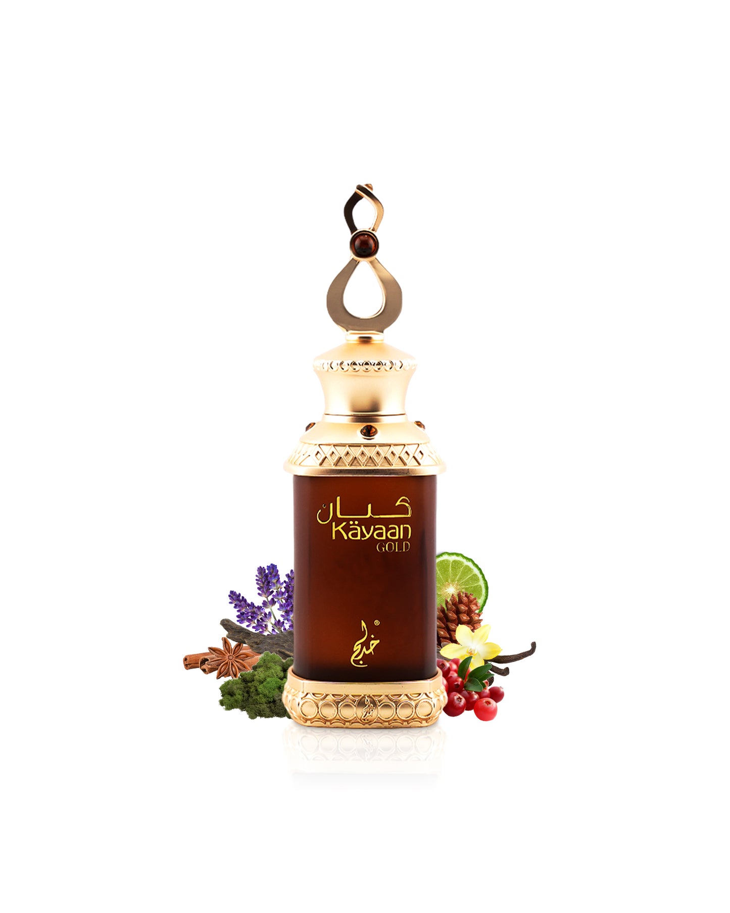 kayaan gold perfume oil by khadlaj perfume bottle surrounded with its ingredients like lavender and vanilla with many others shows from behind the bottle against white background