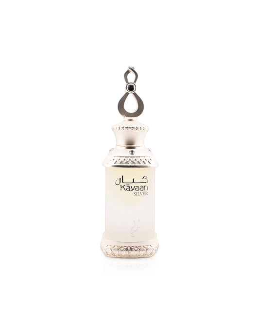 khadlaj kayaan silver perfume oil bottle shows against white background