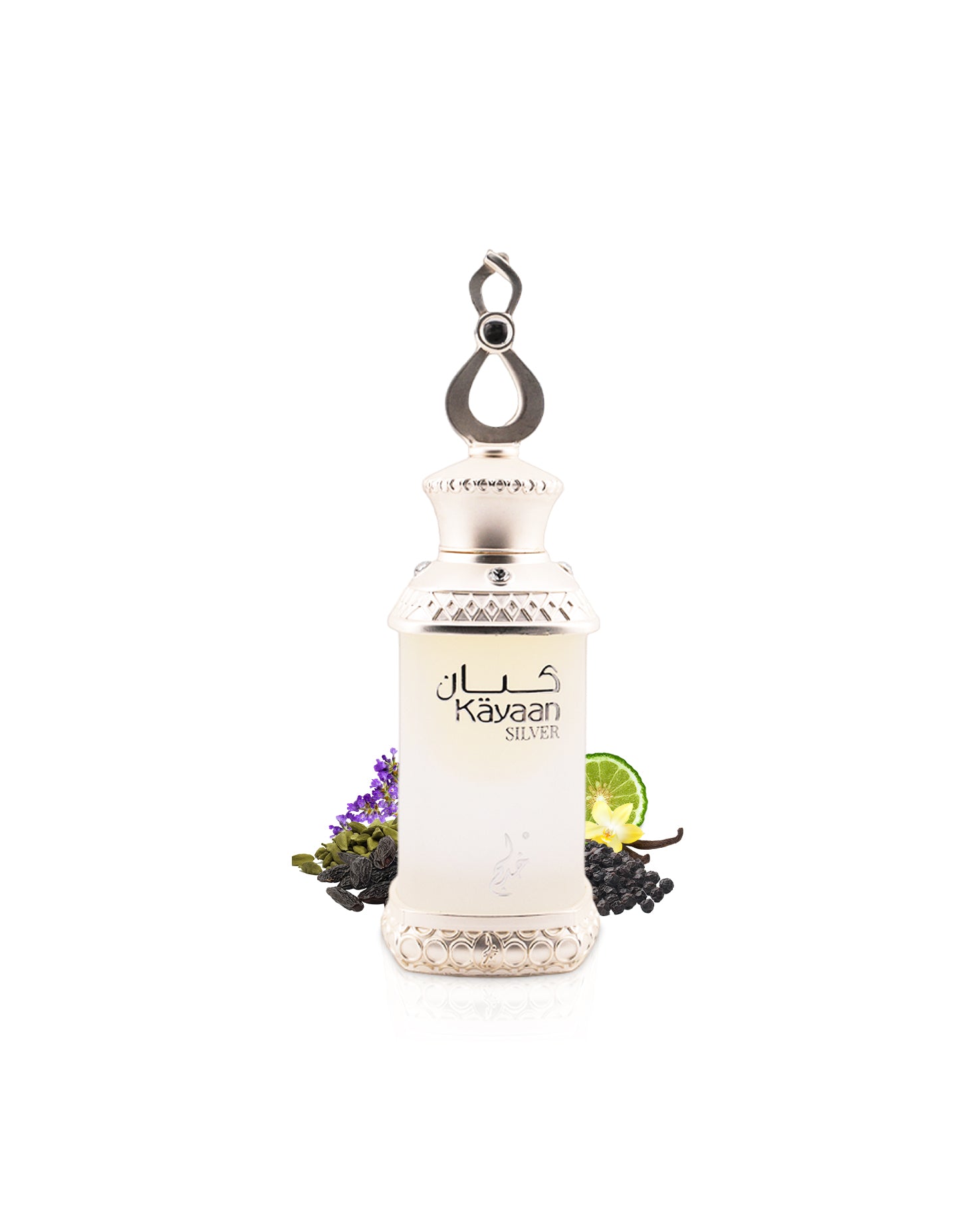 khadlaj kayaan silver perfume oil bottle surrounded with fragrance notes like cumin and vanilla shows against white background