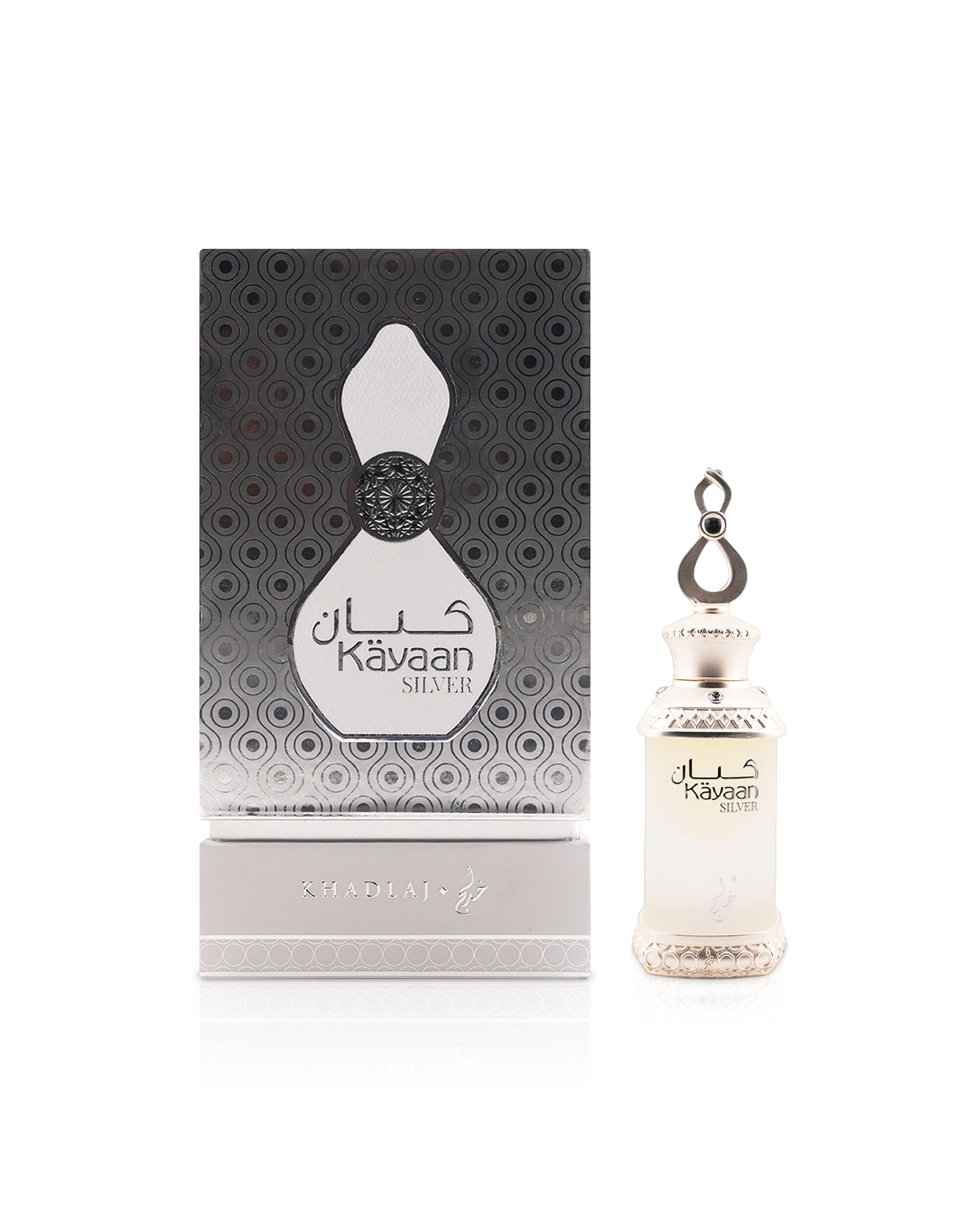 khadlaj kayaan silver perfume oil bottle shows beside its box against white background