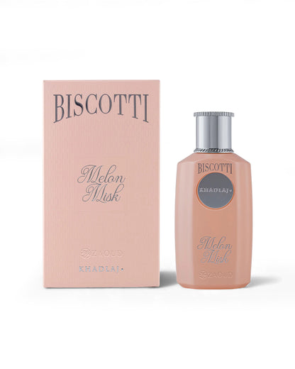 khadlaj biscotti melon misk perfume bottle shows beside its packaging against white background
