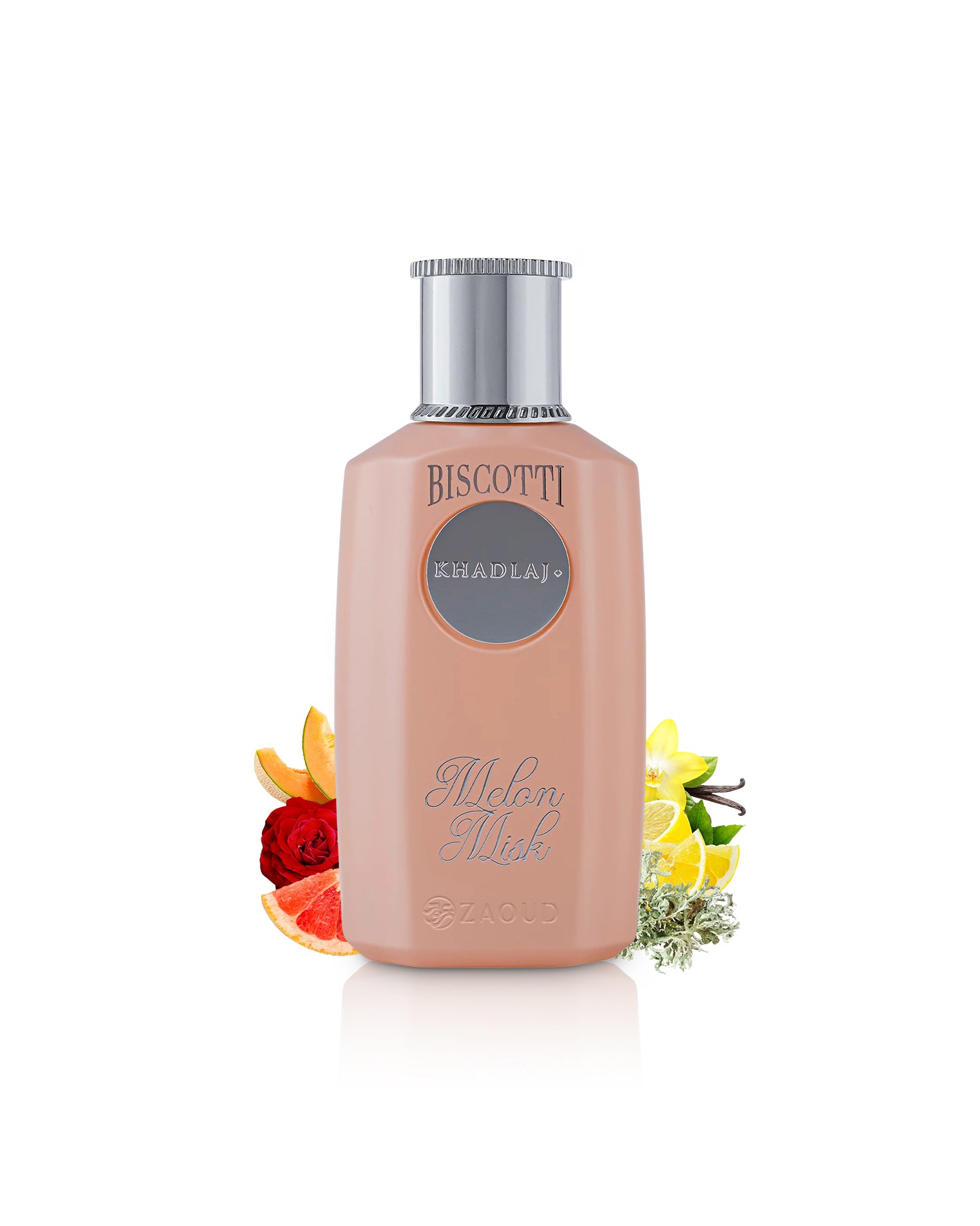 khadlaj biscotti melon misk perfume bottle  surrounded by fragrance notes like fruits and oakmoss  shows against white background