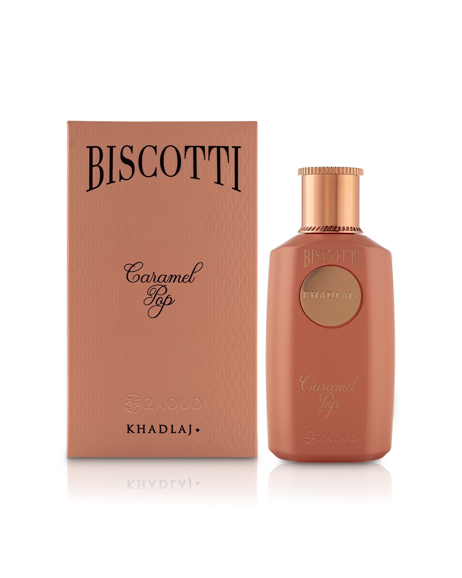khadlaj biscotti caramel pop perfume bottle shows beside its packaging against white background