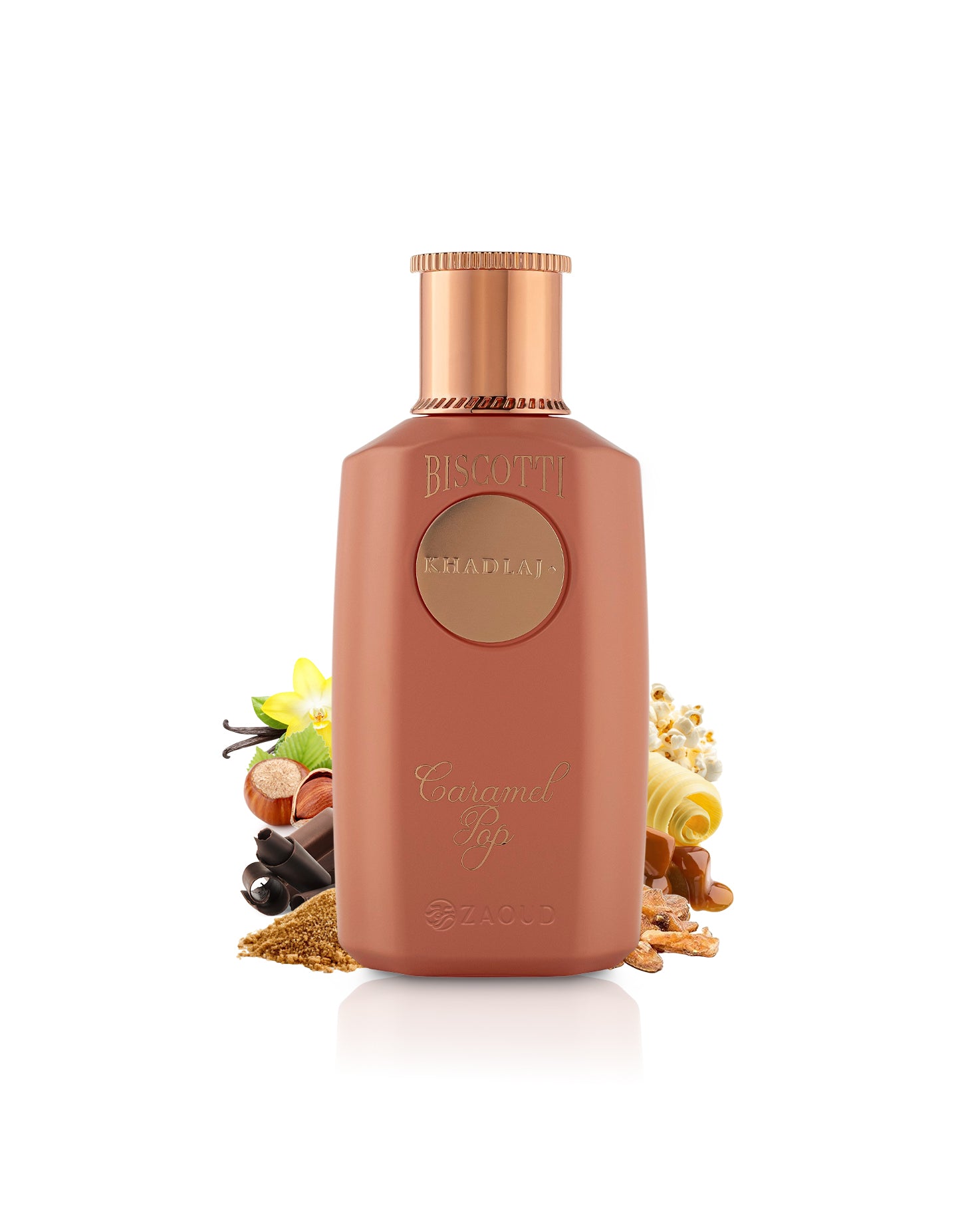 khadlaj biscotti caramel pop perfume bottle surrounded by fragrance notes like caramel and vanilla  shows against white background