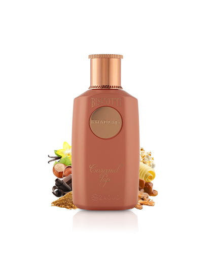 khadlaj biscotti caramel pop perfume bottle surrounded by fragrance notes like caramel and vanilla  shows against white background