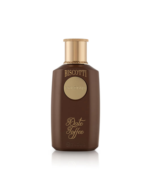 khadlaj biscotti date toffee Brown bottle with gold cap and text on a white background