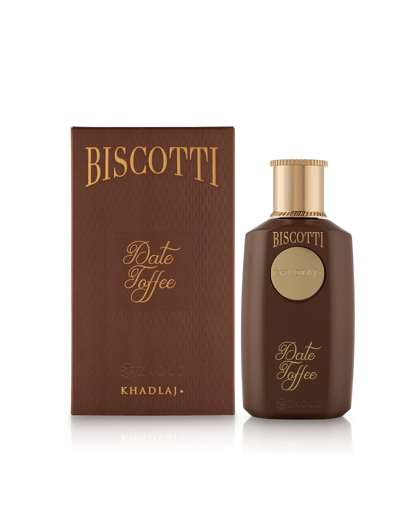 khadlaj biscotti date toffee perfume bottle and packaging on a white background