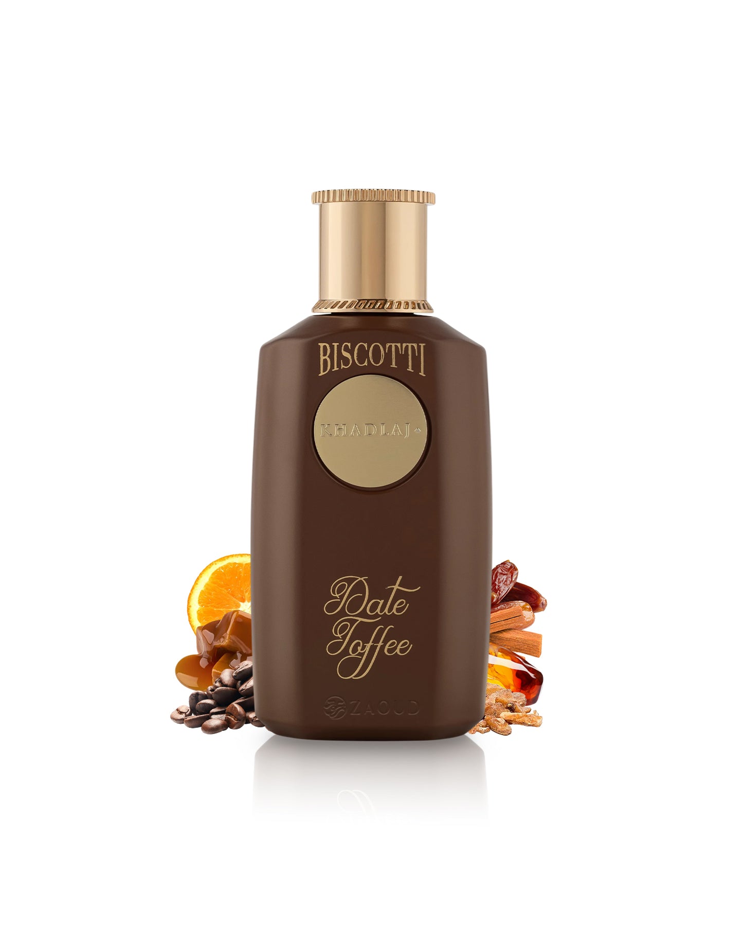 khadlaj biscotti date toffee perfume bottle with decorative elements on a white background