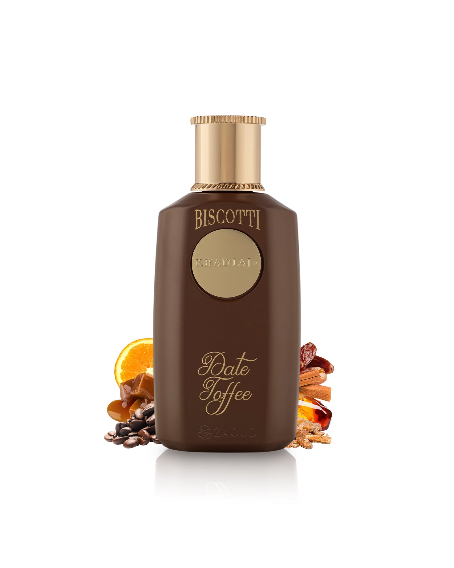 khadlaj biscotti date toffee perfume bottle with decorative elements on a white background
