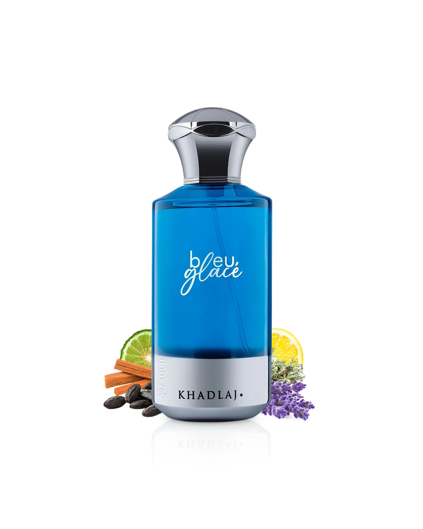 khadlaj bleu glace perfume bottle surrounded with fragrance notes like tonka and lavender shows against white background