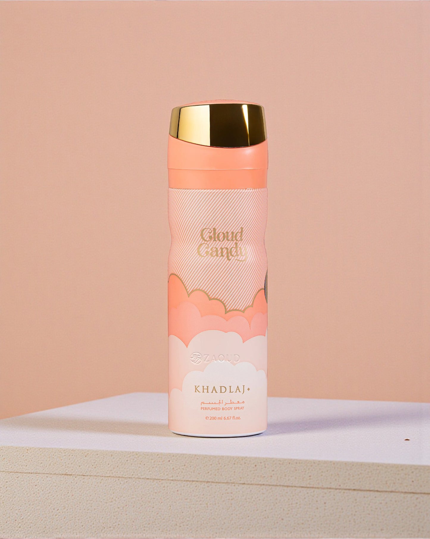khadlaj cloud candy deodorant bottle photograph against pink background