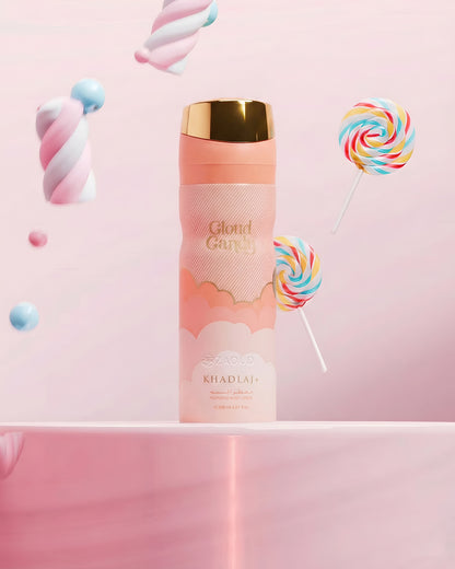khadlaj cloud candy deodorant bottle with colorful lollipop graphics on a pink background