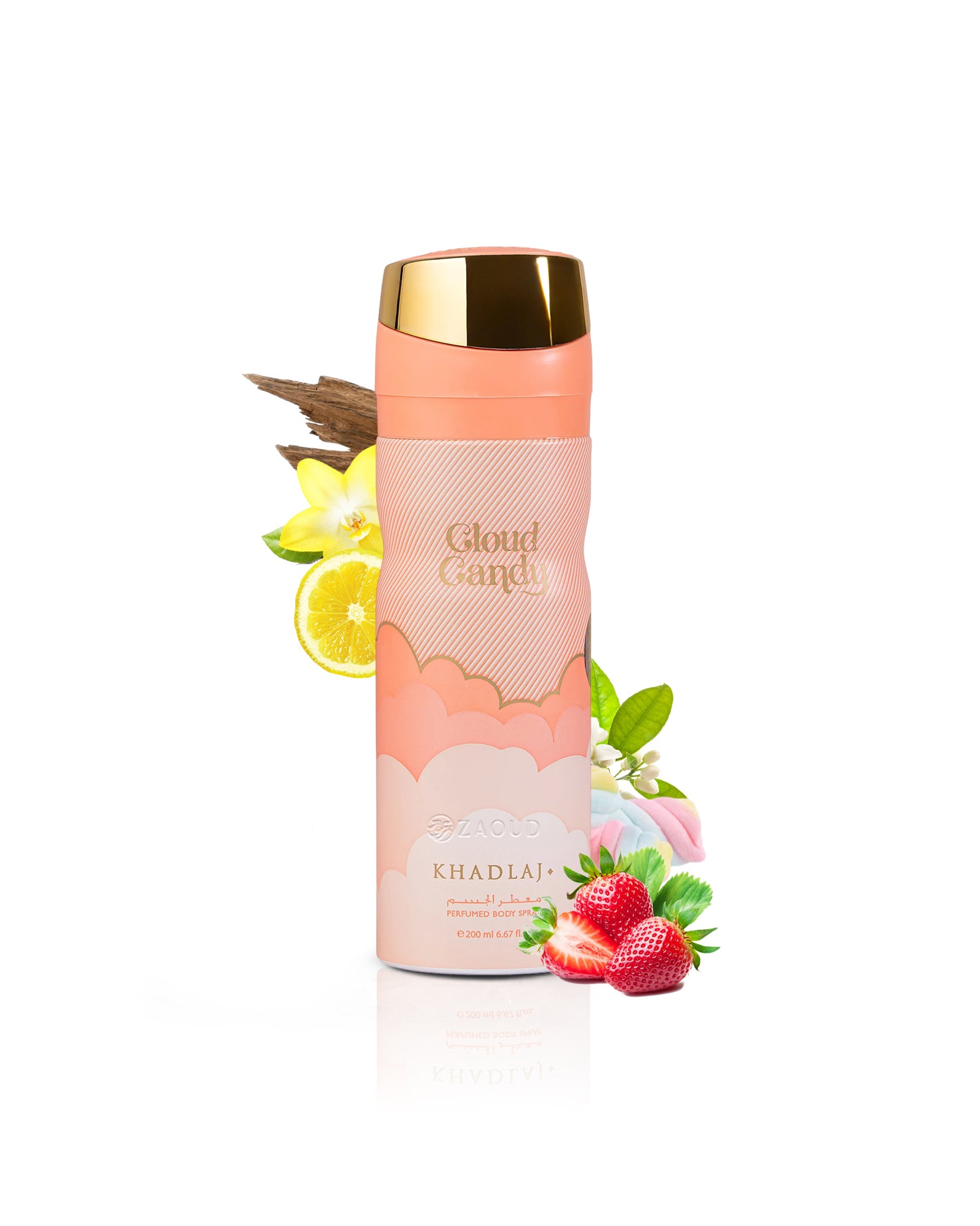 khadlaj cloud candy deodorant bottle with gold cap and pink body, surrounded by lemon, strawberry, and flower elements on a white background.