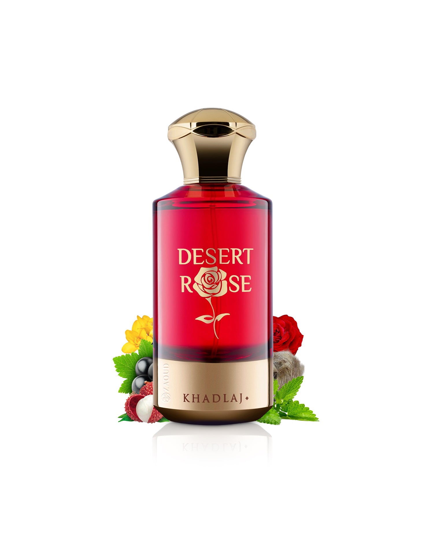 Khadlaj desert rose perfume bottle surrounded with fragrance notes like rose and lyche shows against white background