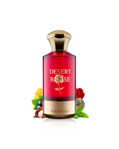 Khadlaj desert rose perfume bottle surrounded with fragrance notes like rose and lyche shows against white background