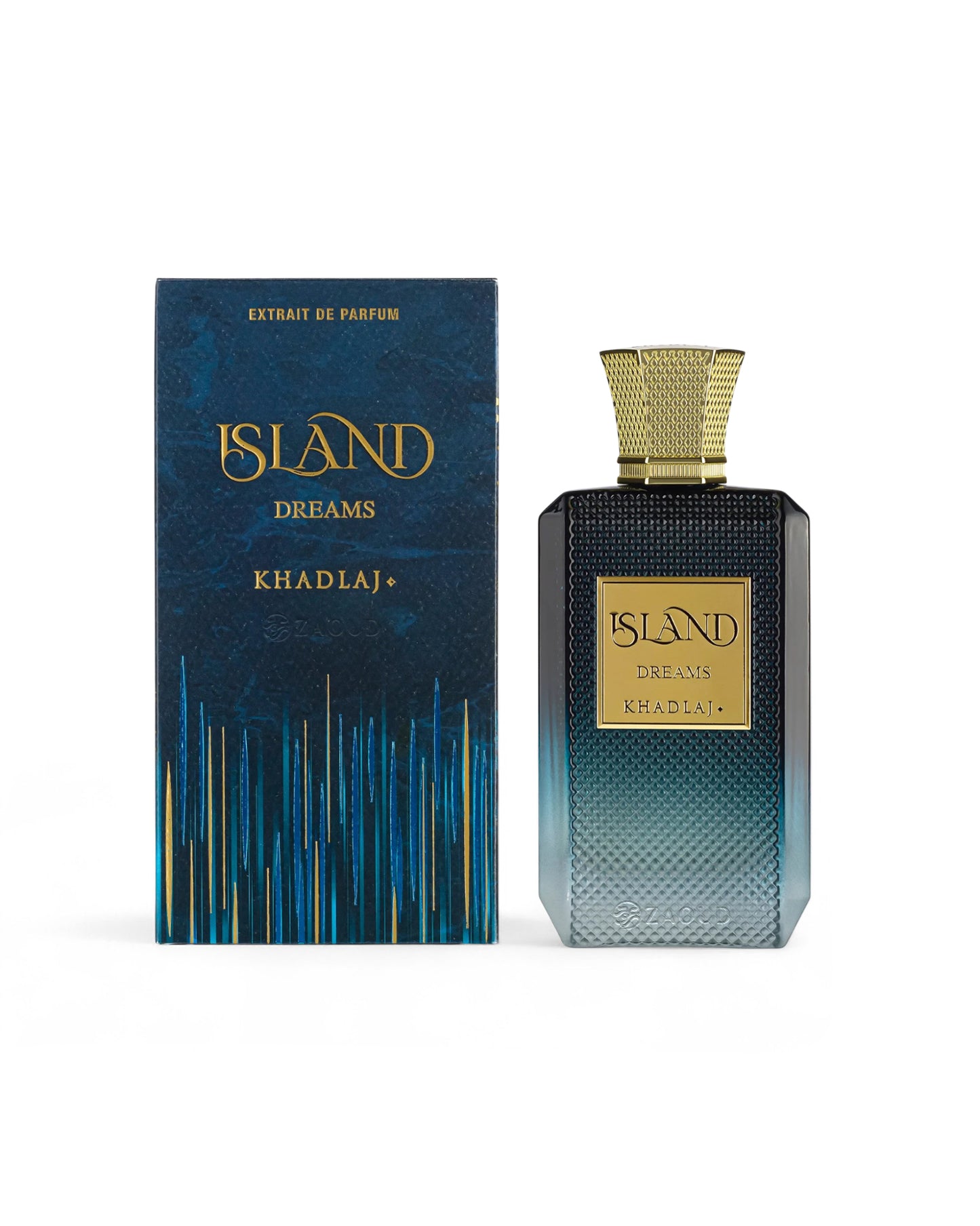 khadlaj island dreams perfume bottle shows beside its packaging against white backgroound
