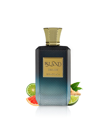 khadlaj island dreams perfume bottle surrounded by fragrance notes like lime and ginger shows against white backgroound