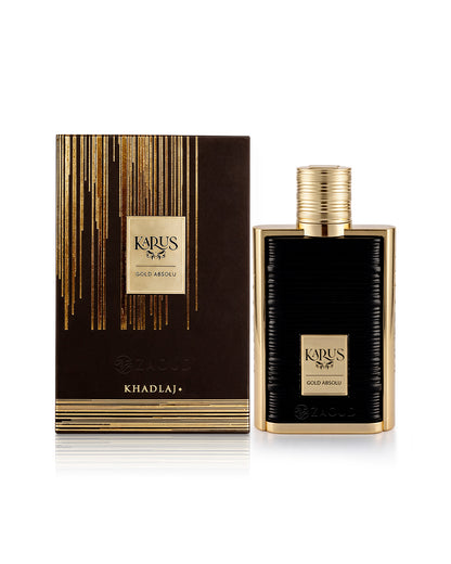khadlaj karus gold absolu perfume bottle shows beside its packaging against white background