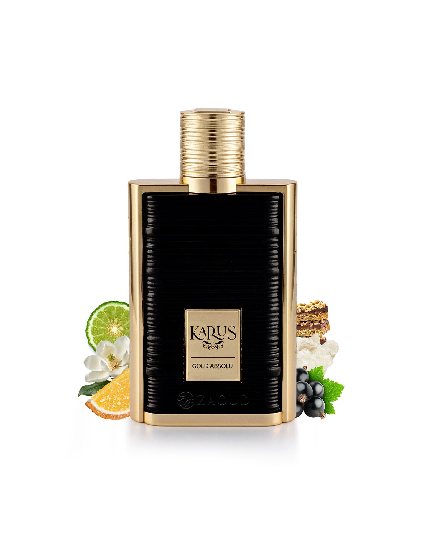 khadlaj karus gold absolu perfume bottle surrounded with fragrance notes like lime and flowers shows against white background