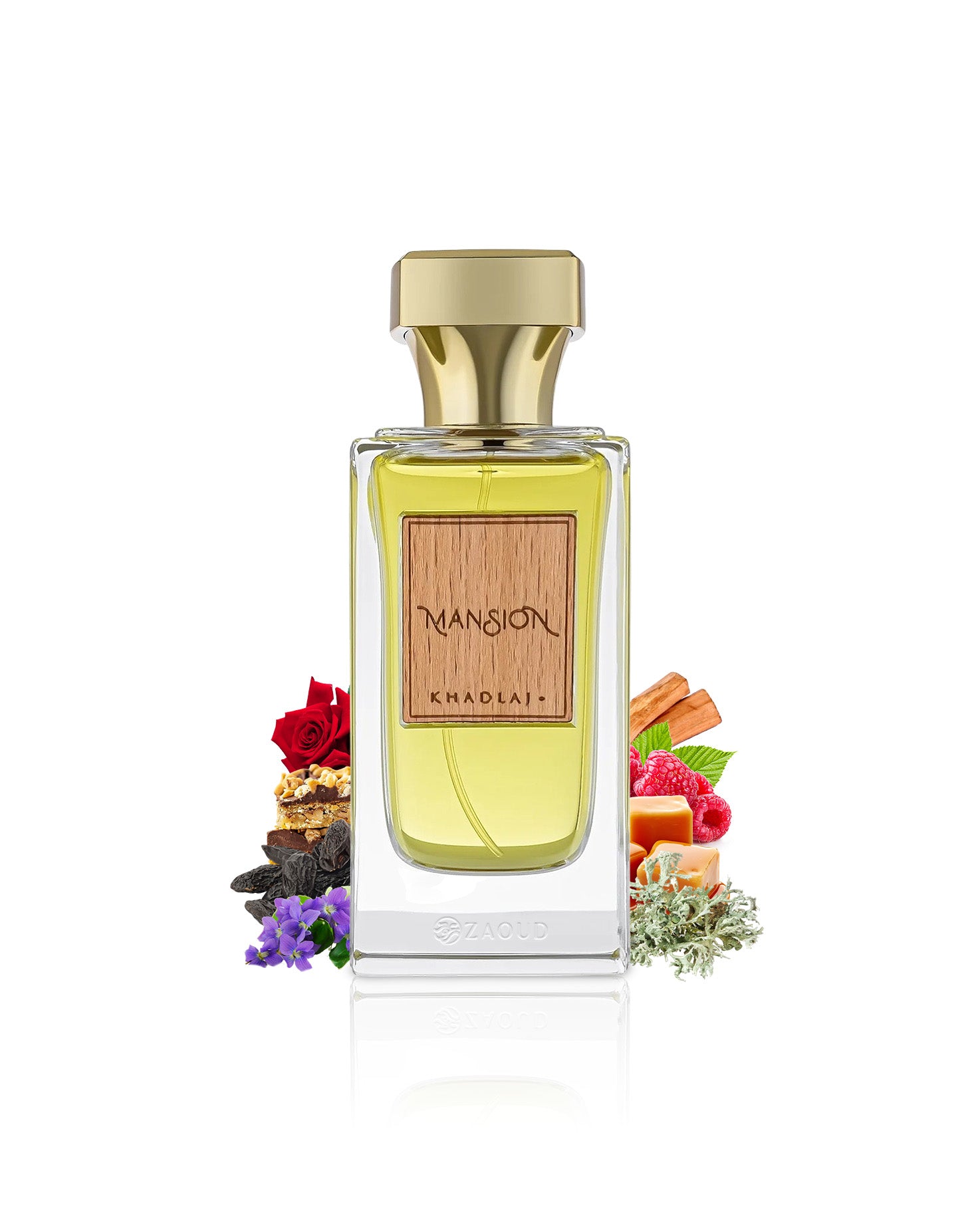 khadlaj maison perfume bottle surrounded by fragrance notes like raspberry and rose shows against white background