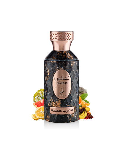 khadlaj nafais magrib perfume bottle surrounded by fragrance notes like fruits shows against white background