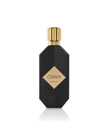 khadlaj onyx gold perfume black bottle with golden cap shows against white background