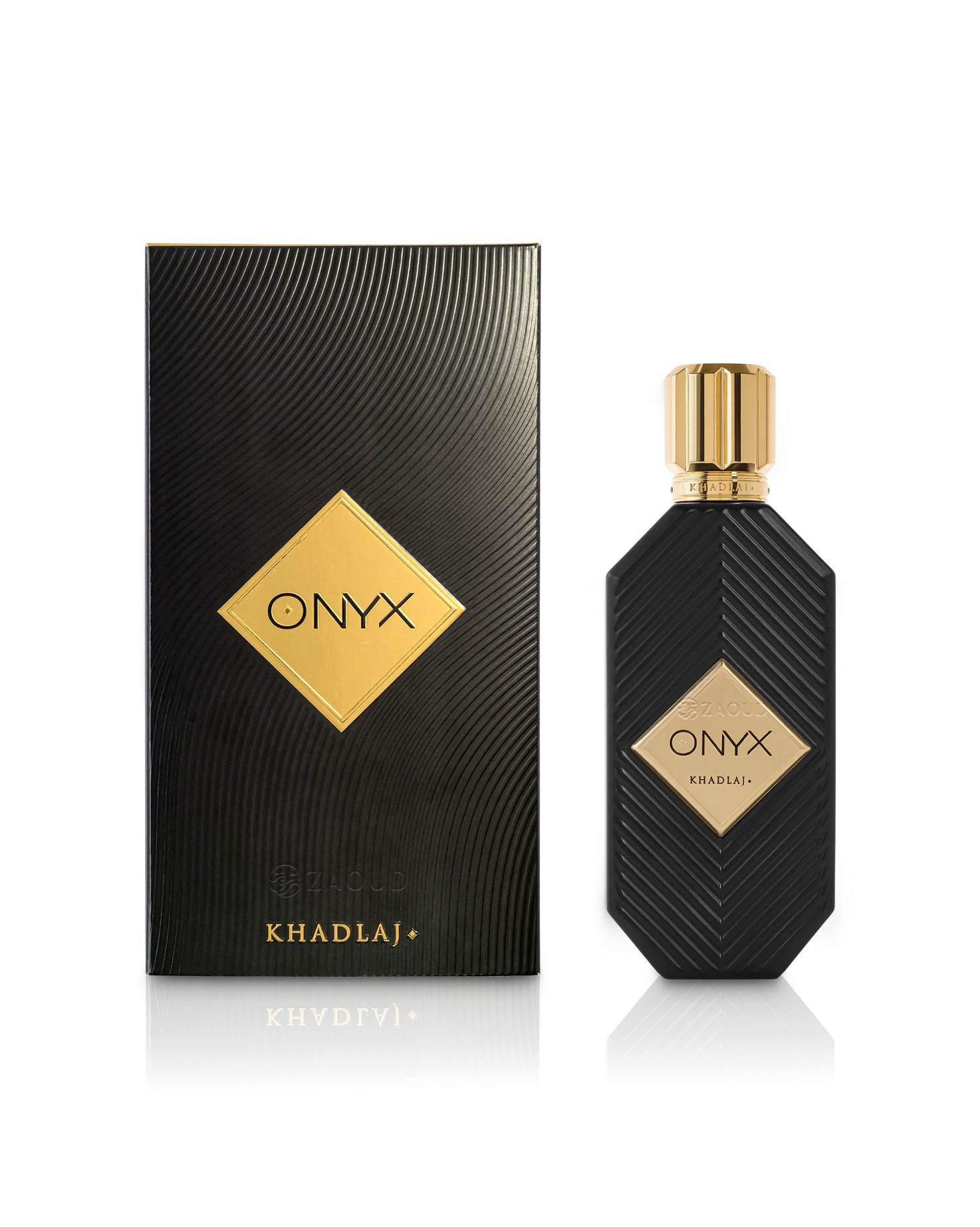khadlaj Onyx gold perfume bottle and packaging on a white background