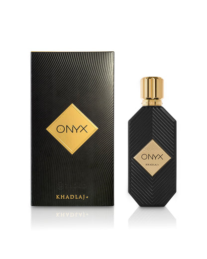 khadlaj Onyx gold perfume bottle and packaging on a white background