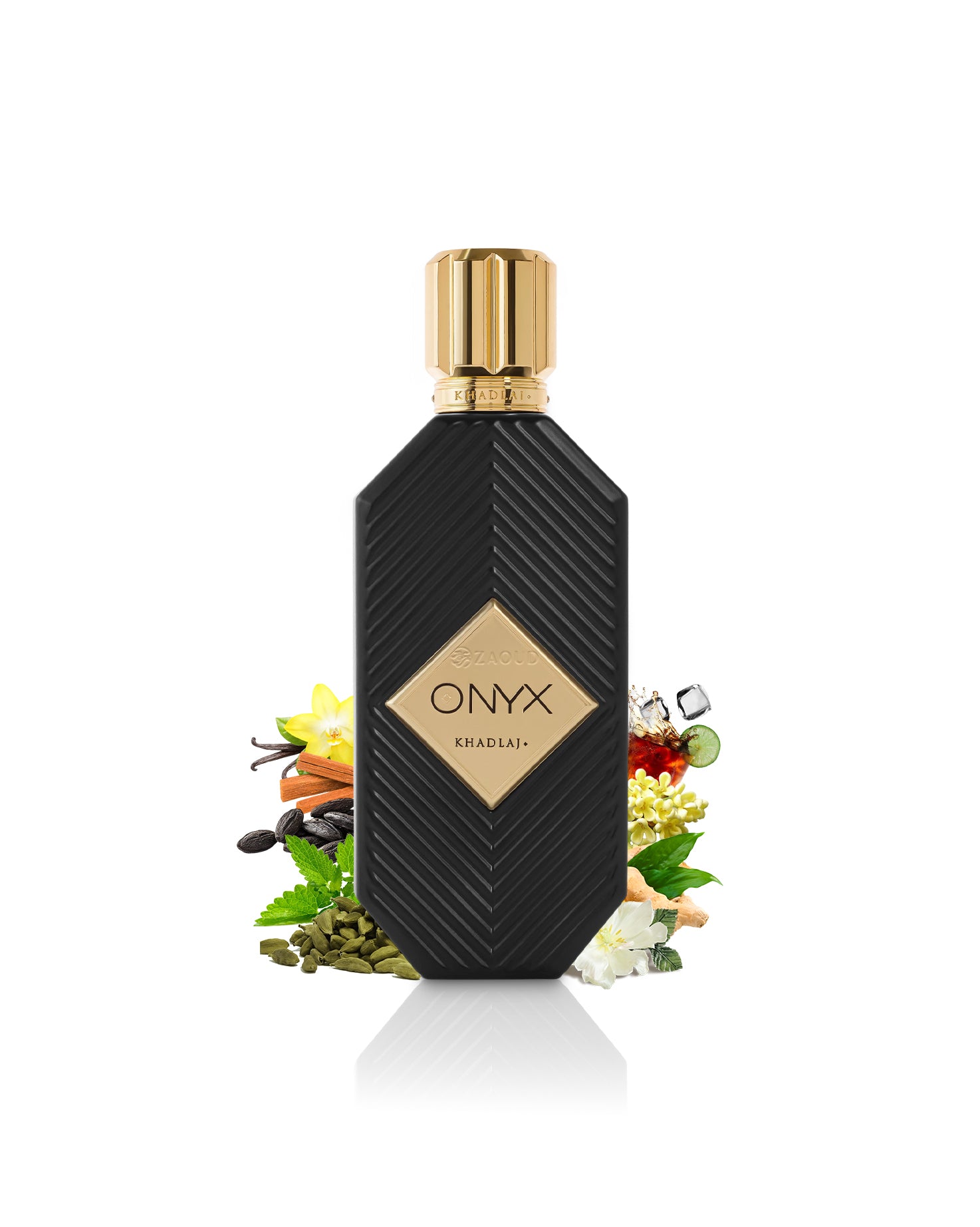 khadlaj onyx gold perfume black bottle with golden cap surrounded by fragrance note like spices shows against white background