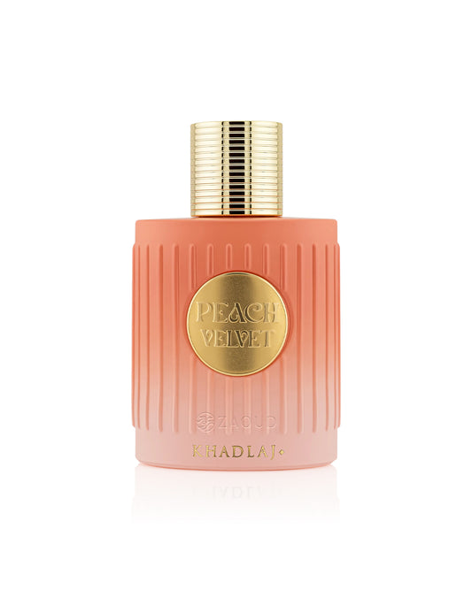 khadlaj peach velvet perfume bottle shows against white background