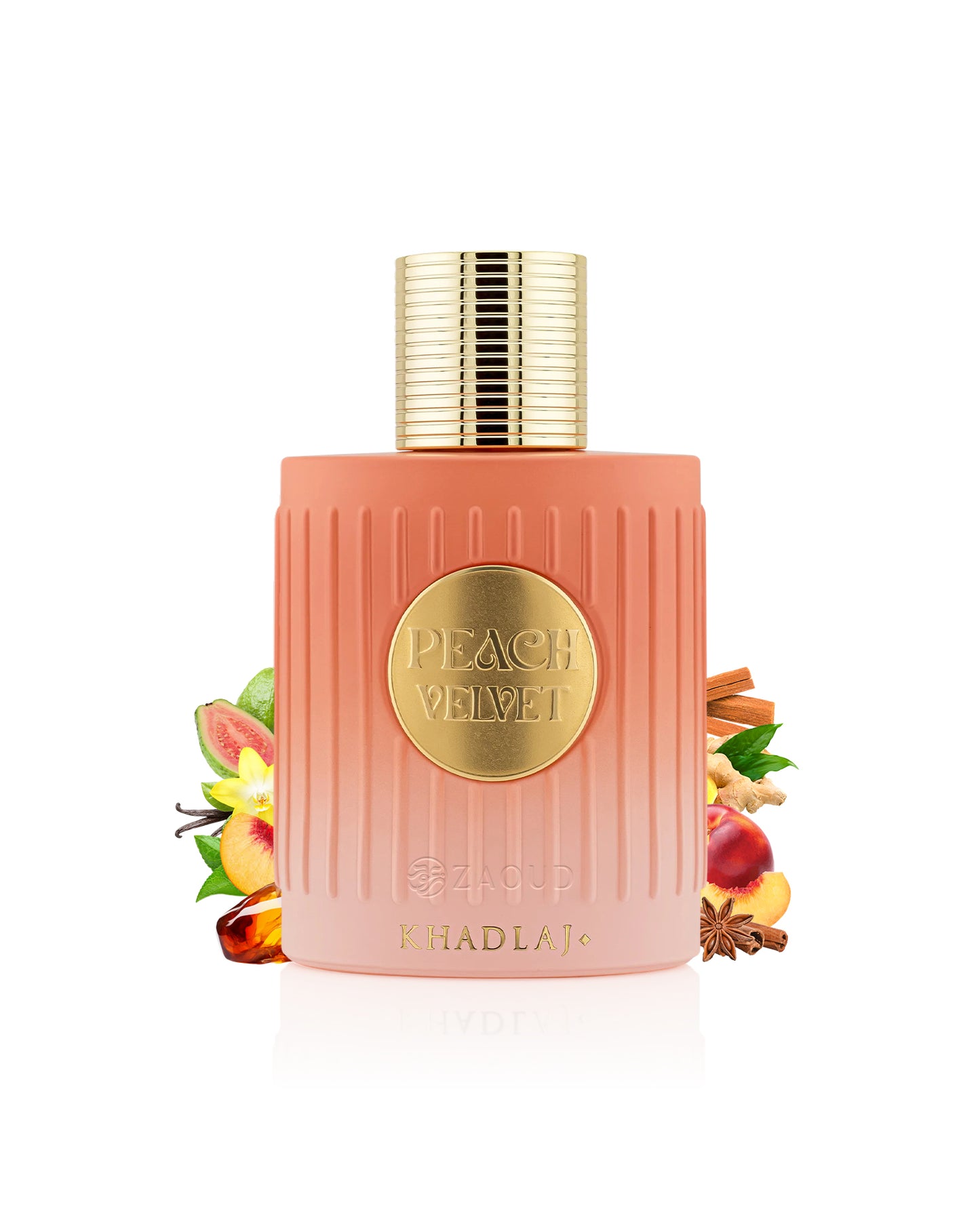 khadlaj peach velvet perfume bottle surrounded by fragrance notes like peach and fruits shows against white background