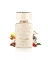 khadlaj panache angel dust perfume bottle surrounded by fragrance notes like cream and pepper shows against white background