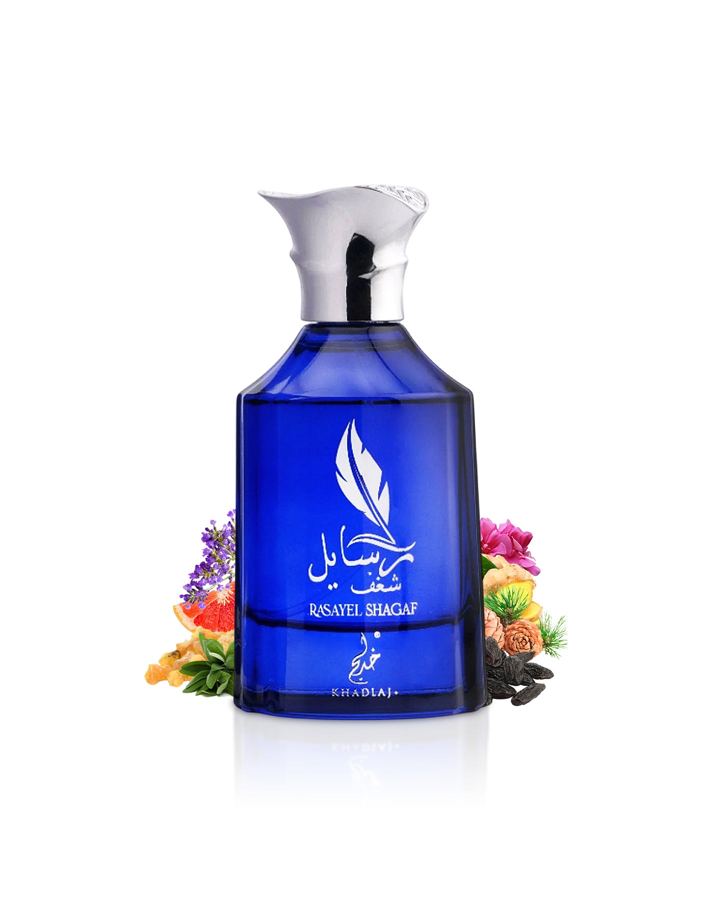 khadlaj RASAYEL SHAGAF perfume bottle surrounded with fragrance notes like tonka and grapefruit  shows against white background