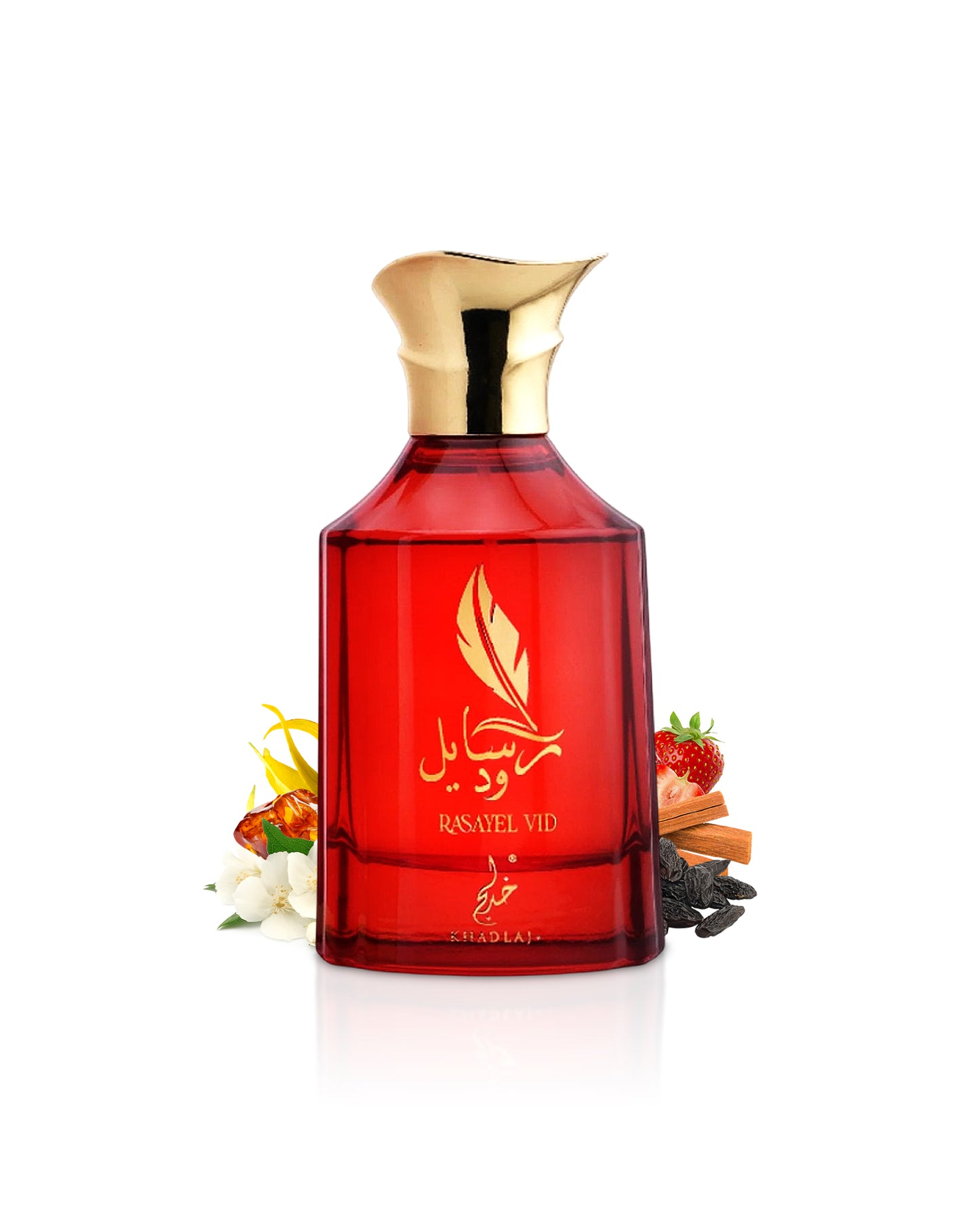 khadlaj rasayl vid red perfume bottle surrounded with fragrance notes like tonka and jasmine shows against white background