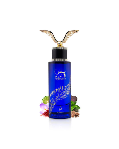 khadlaj saqr al badiya perfume bottle surrounded with fragrance notes like saffron and cedar shows against white background