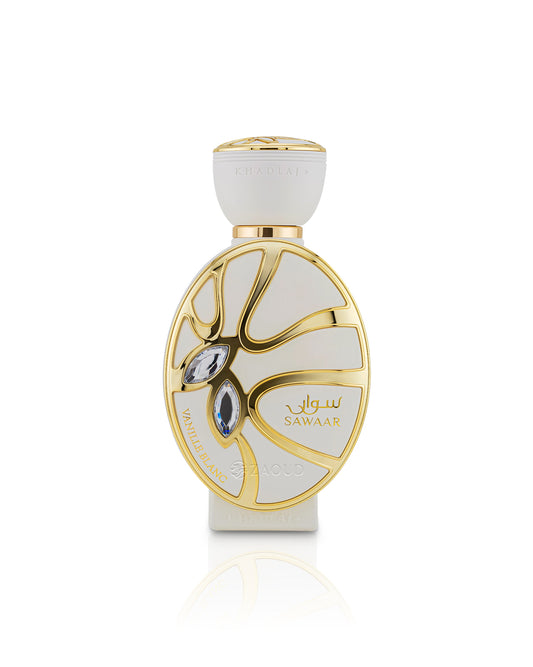 khadlaj sawaar vanille blanc perfume bottle shows against white background