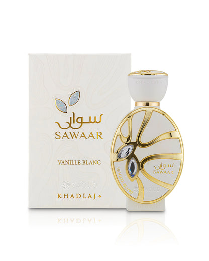 khadlaj sawaar vanille blanc perfume bottle shows beside its packaging against white background