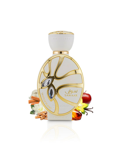 khadlaj sawaar vanille blanc perfume bottle surrounded by fragrance notes like amber and sandalwood shows against white background