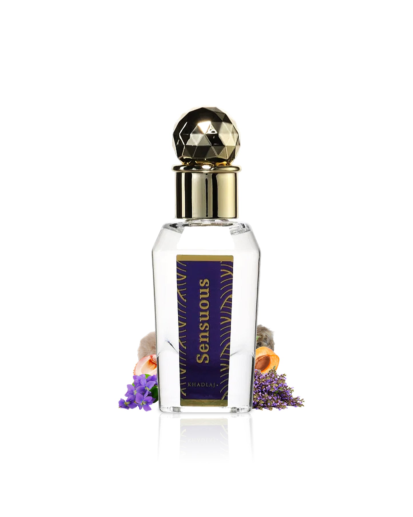 khadlaj sensuous perfume oil bottle surrounded with flowers and musk shows from behind the bottle against white background