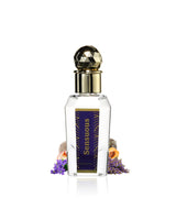 khadlaj sensuous perfume oil bottle surrounded with flowers and musk shows from behind the bottle against white background