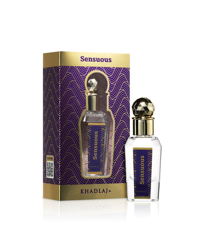 khadlaj sensuous perfume oil bottle shows beside its box against white background